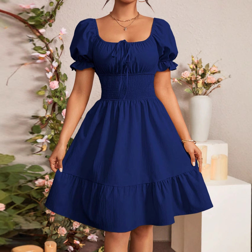 Pleated Ruffle A-line Dress With A Square Neckline And Short Sleeves