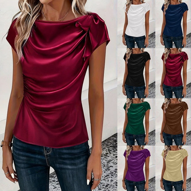 Solid-color Satin Faux-silk Off-the-shoulder Sleeveless Work Top