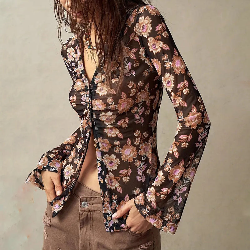 Women Button Down Floral Shirts 2025 Fall Trendy Long Sleeve V Neck Ruched Fitted Blouse Tops