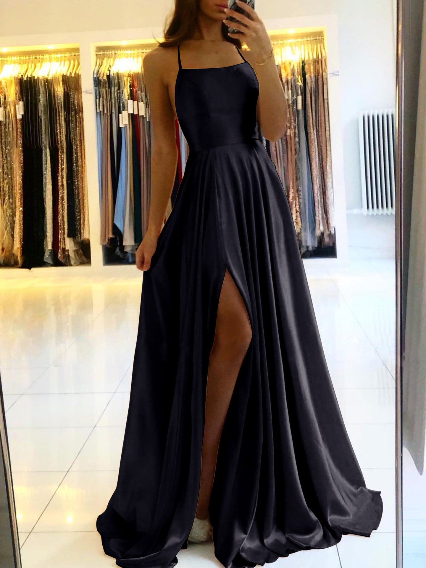 Amazon Long European And American Style Dress Slim Strap Back-to-back Dress High Slit Dance Host Dress