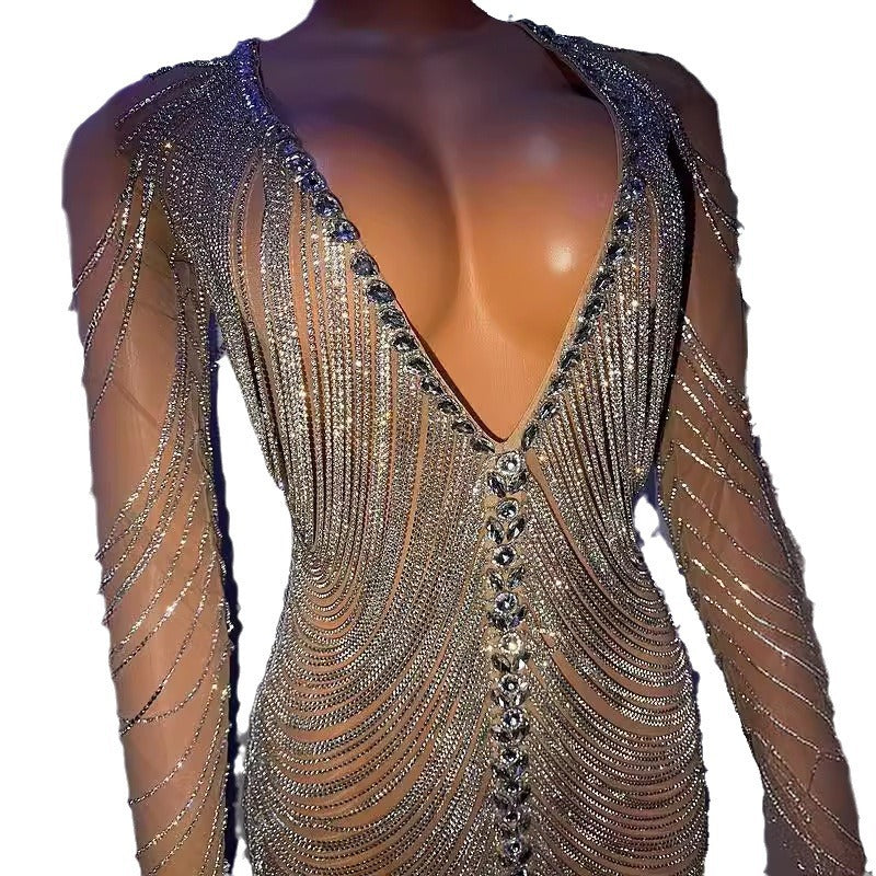 Silver Stretch Rhinestone Drill Chain Tassel Slimming Hip Skirt