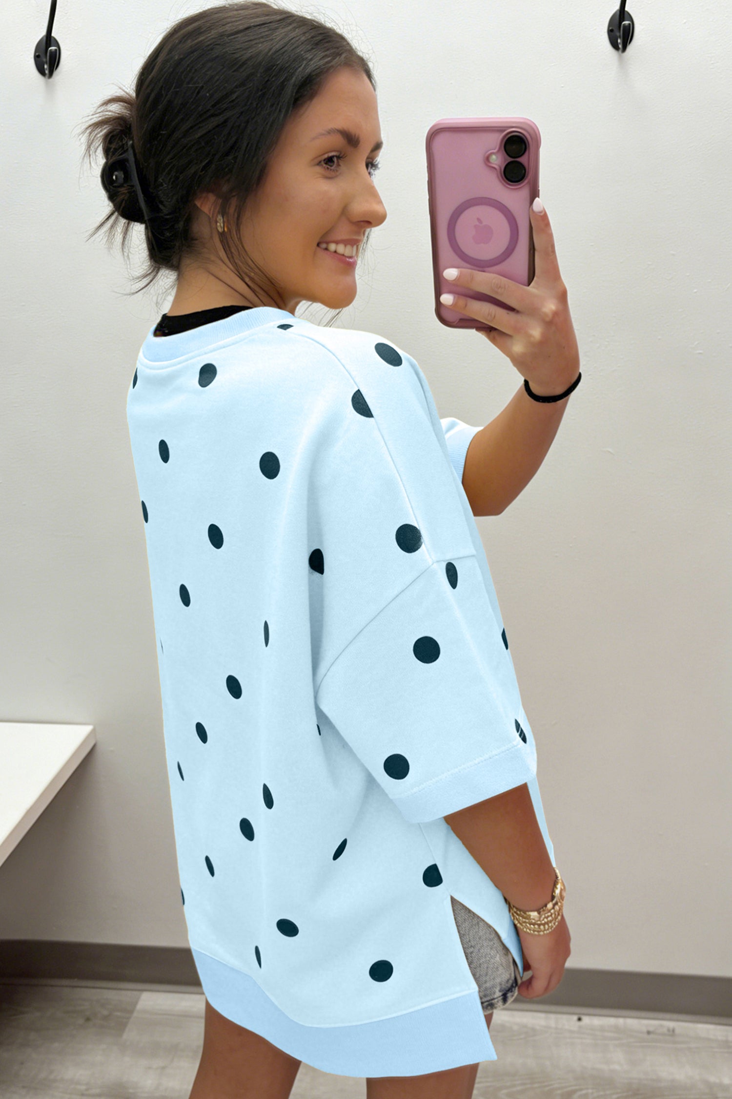Beige Polka Dot Print Crossed Seam Detail Oversize Tee