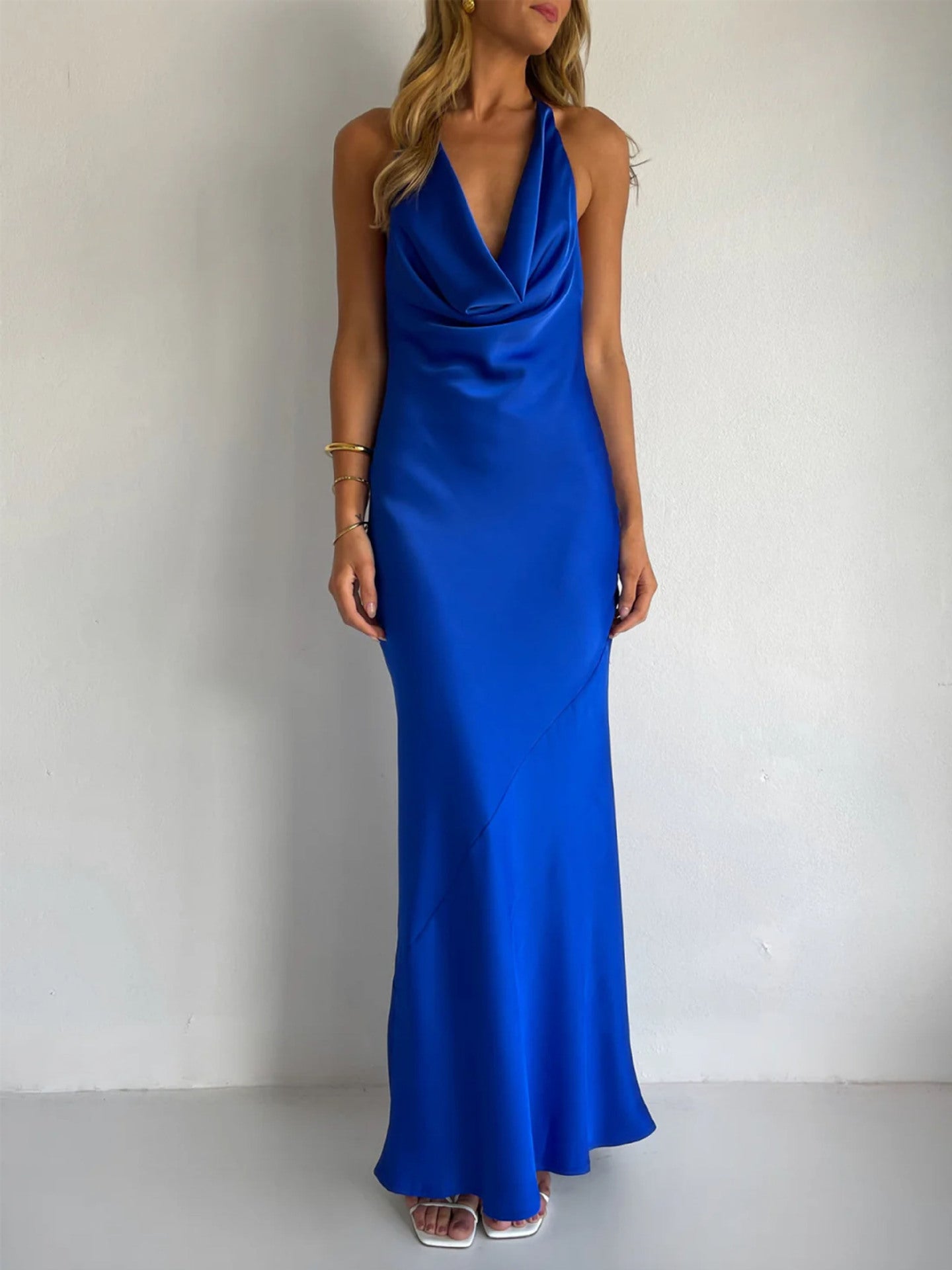 Hanging Neck Solid Color Slim Fit Dress Mid Length Dress