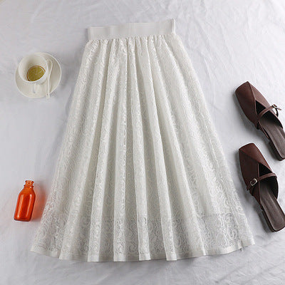 Spring And Summer Elastic High Waist Slimming Lace Crochet Hollow Large Swing A- Line Umbrella Skirt