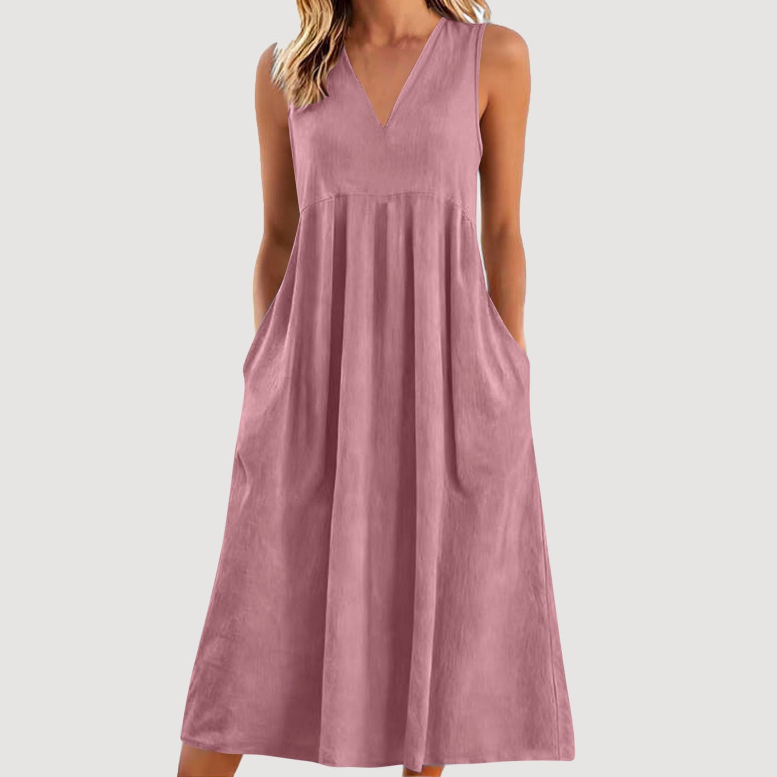 Loose-fitting Cotton-linen Dress With A V-neck And No Sleeves