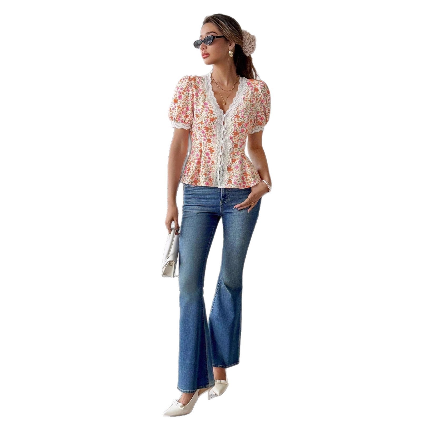 Womens High-End Romantic Printed Lace-trimmed V-neck Defined-waist Ruffle Hem Top