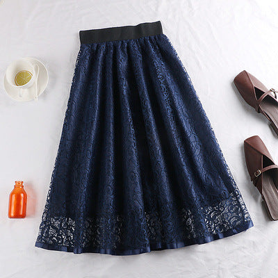 Spring And Summer Elastic High Waist Slimming Lace Crochet Hollow Large Swing A- Line Umbrella Skirt