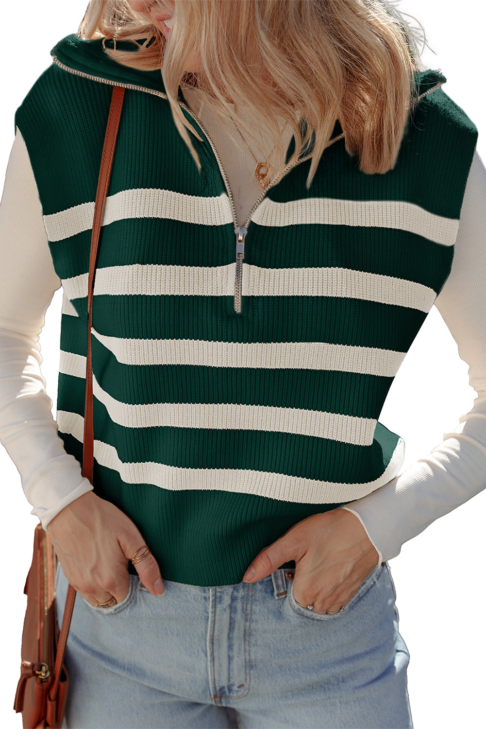 Blackish Green Ribbed Half Zip Collared Sweater Vest