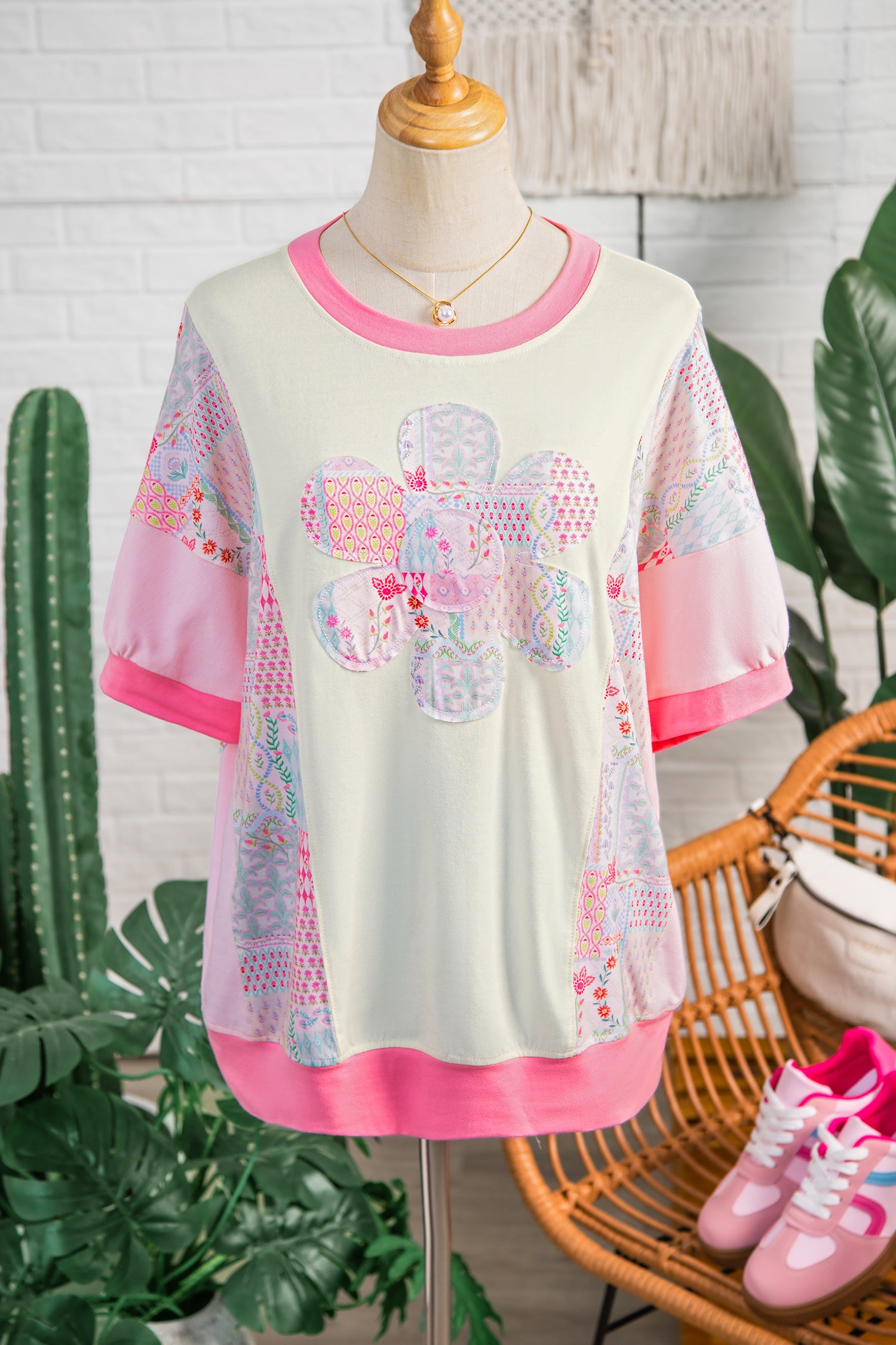 Beige Color Block Floral Patchwork Big Flower Accent Relaxed Top