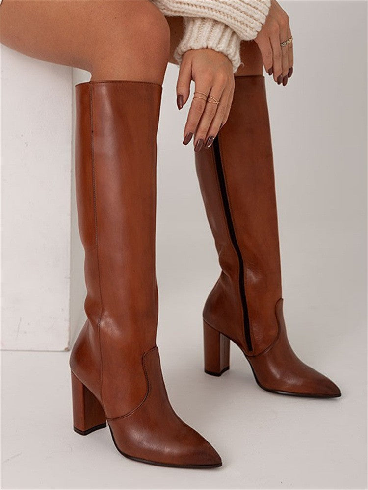 Womens Stylish High Heeled Pointed Toe Side Zip Thigh High Boots