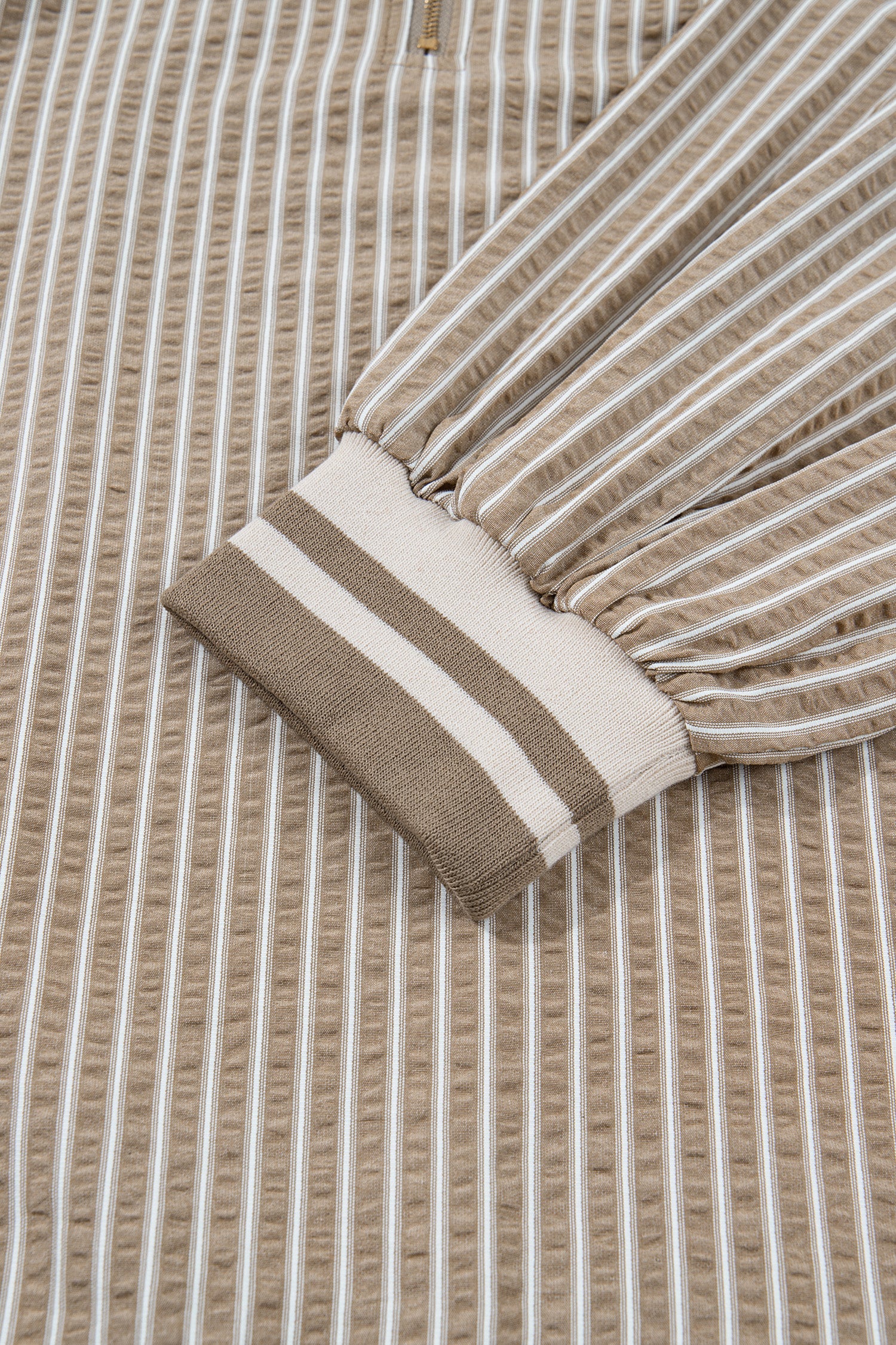 Khaki Stripe Zip up Collared Puff Sleeve Ruffled Plus Size Mini Dress