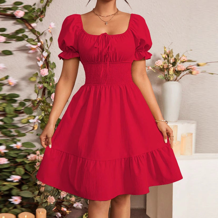 Pleated Ruffle A-line Dress With A Square Neckline And Short Sleeves