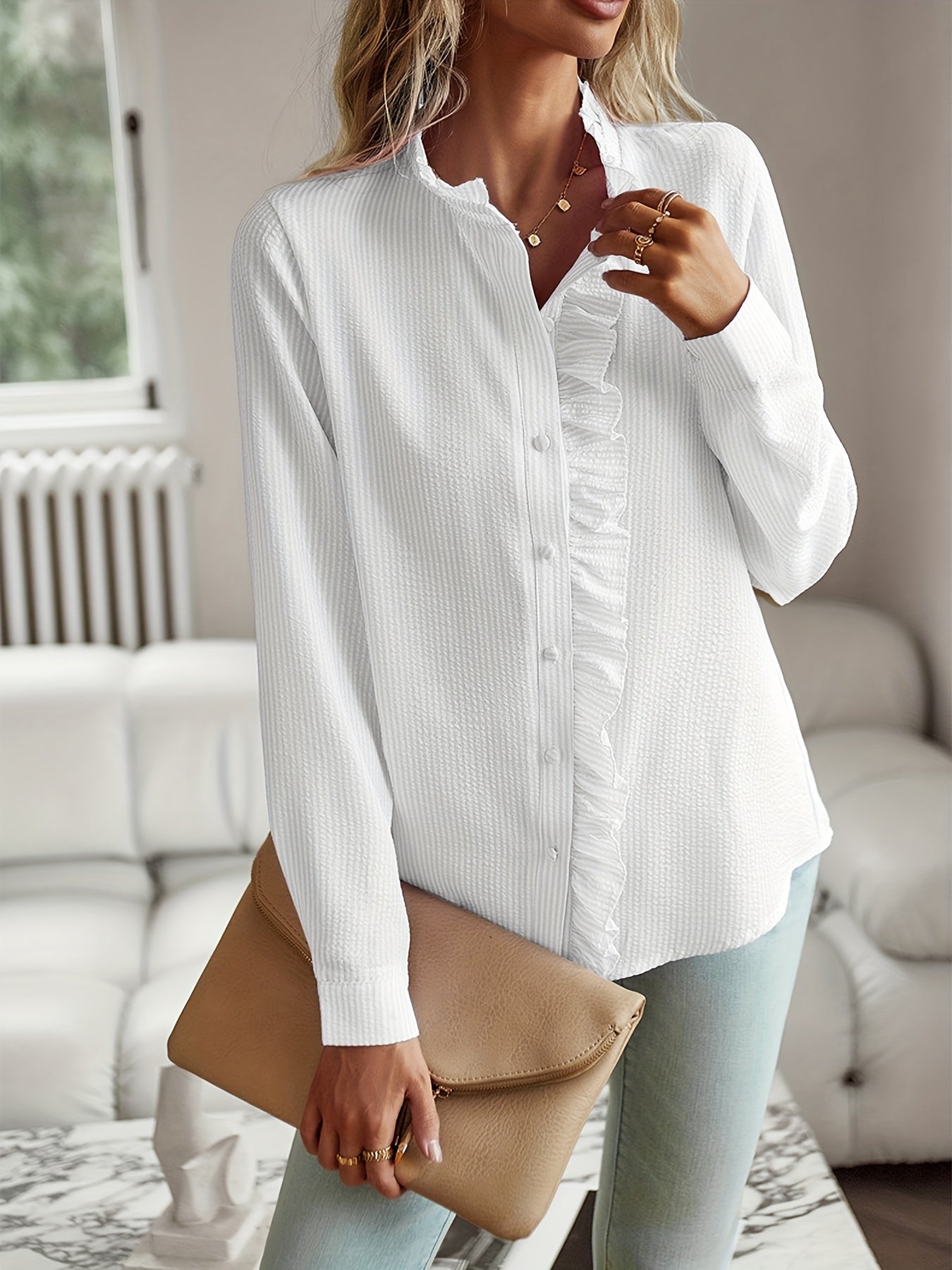 2026 New Western Style Cross-border Stand Collar Autumn Ruffled Cardigan Ruffle Long Sleeve Bubble Top Women's Shirt