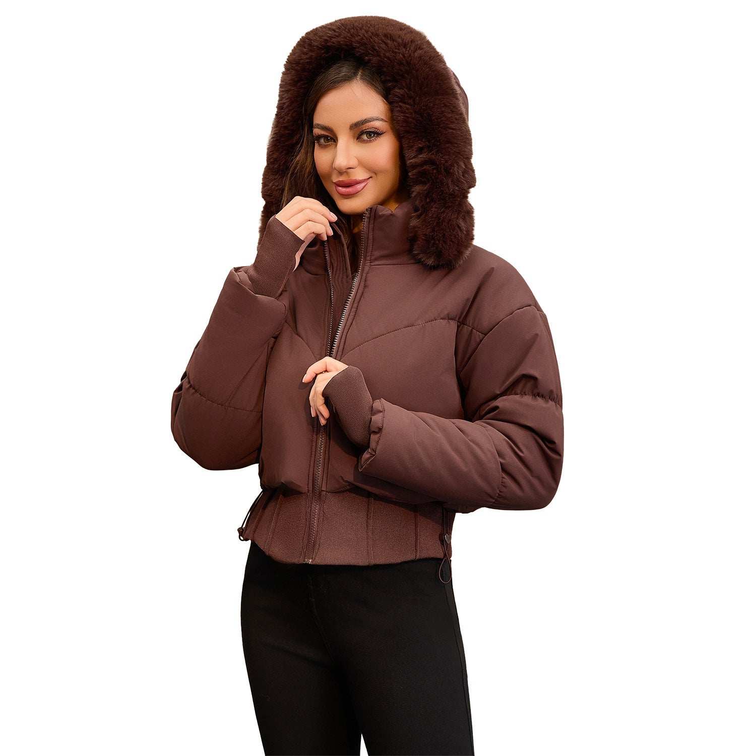 Women's Waist-tight Big Fur Collar Hooded Short Cotton Jacket