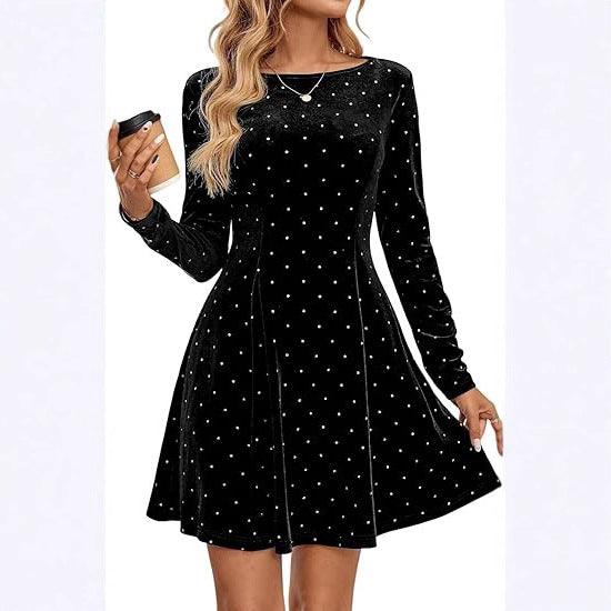 Womens French-Style Retro Diamond-Embellished Waist-Cinching Slimming Dress