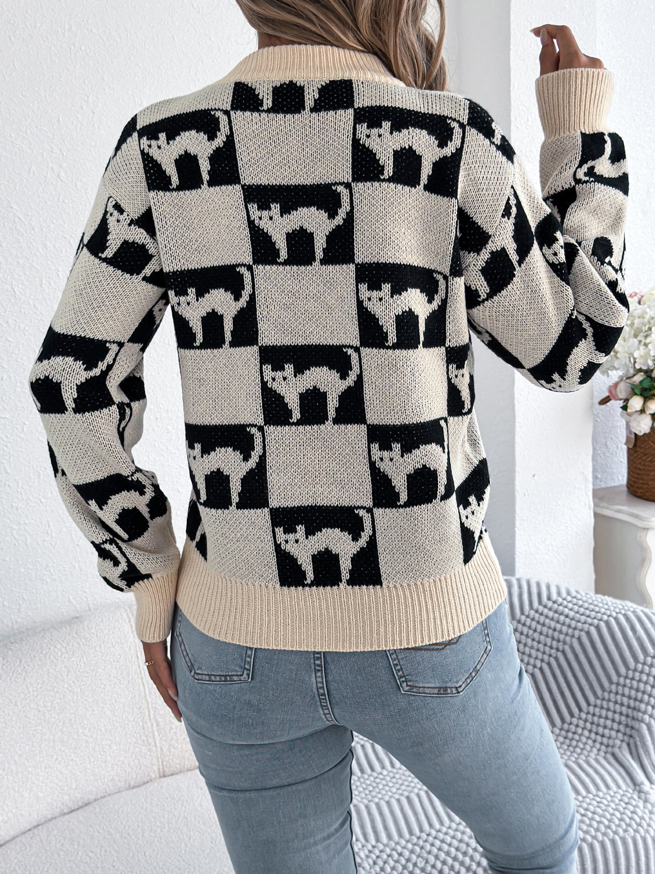 Women Halloween Plaid Lantern Sleeve Long Sleeve Pullover Sweater