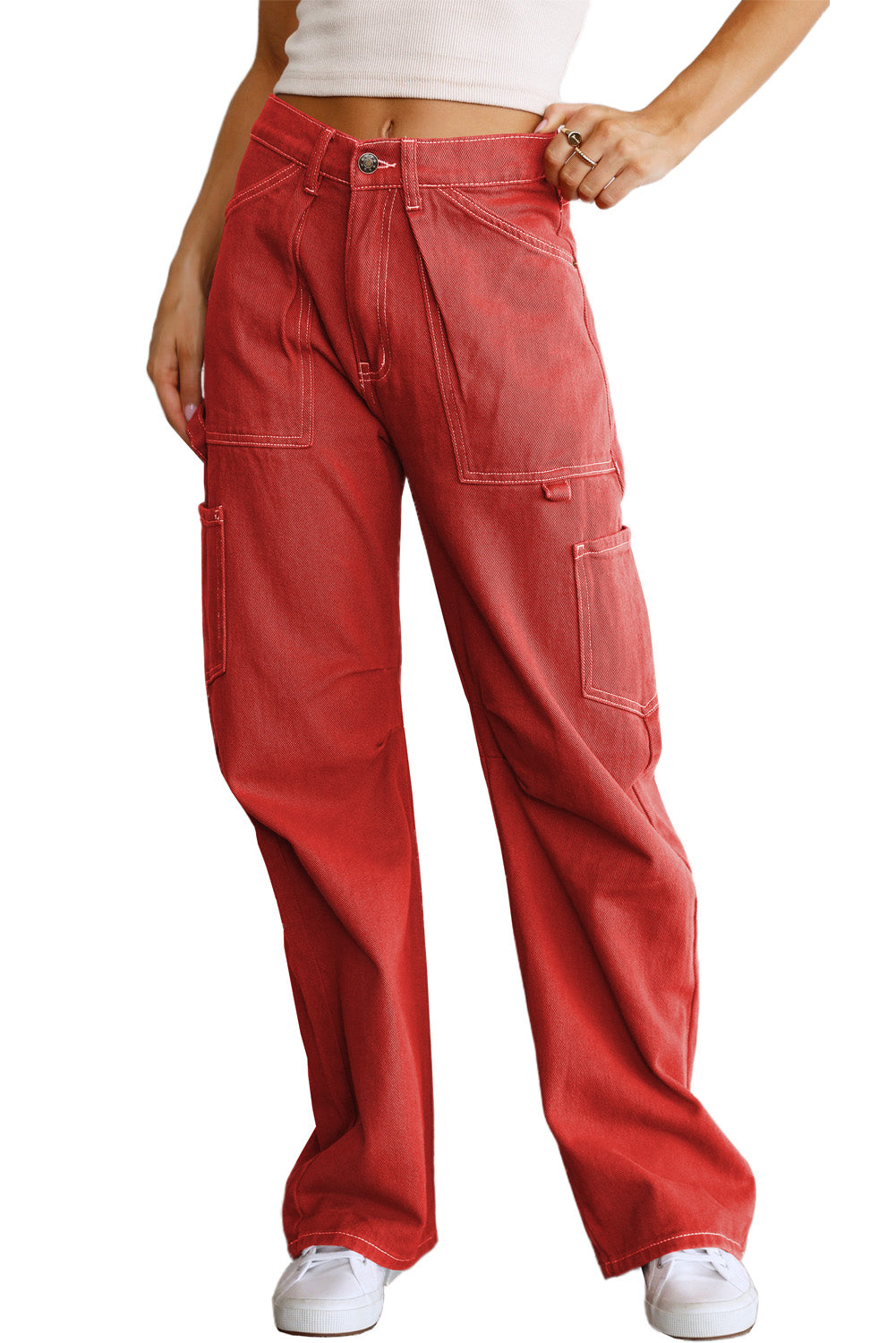 Green High Waist Straight Leg Cargo Pants with Pockets