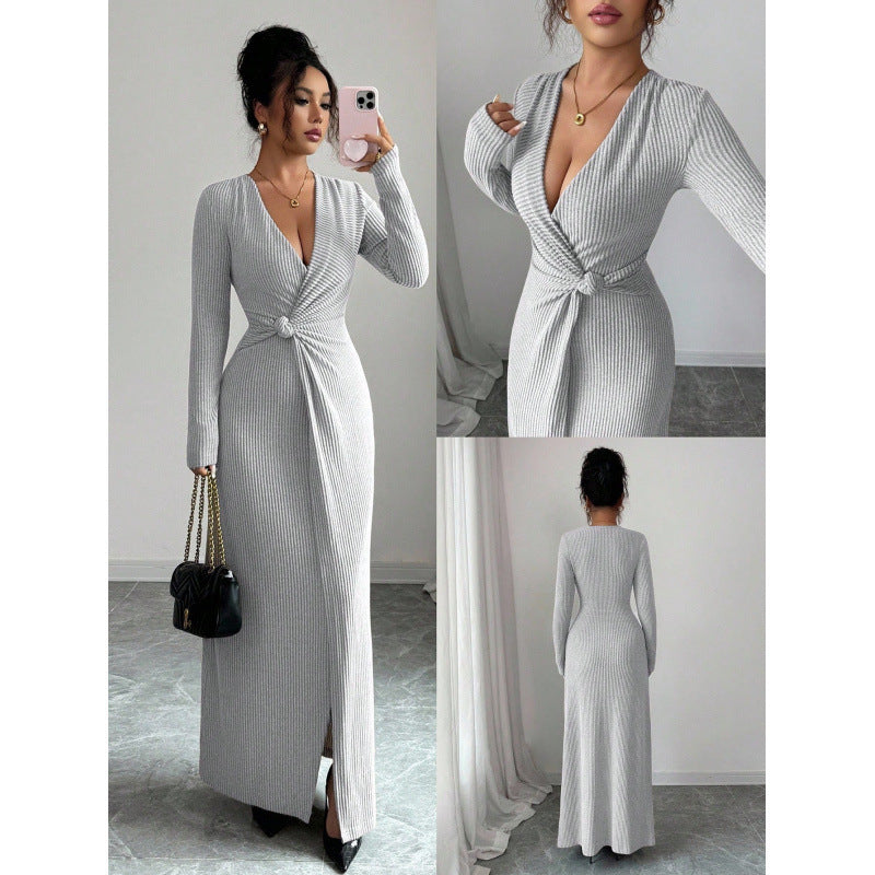 Elegant V-neck Knitted Twist Wrap Bodycon Dress For Women