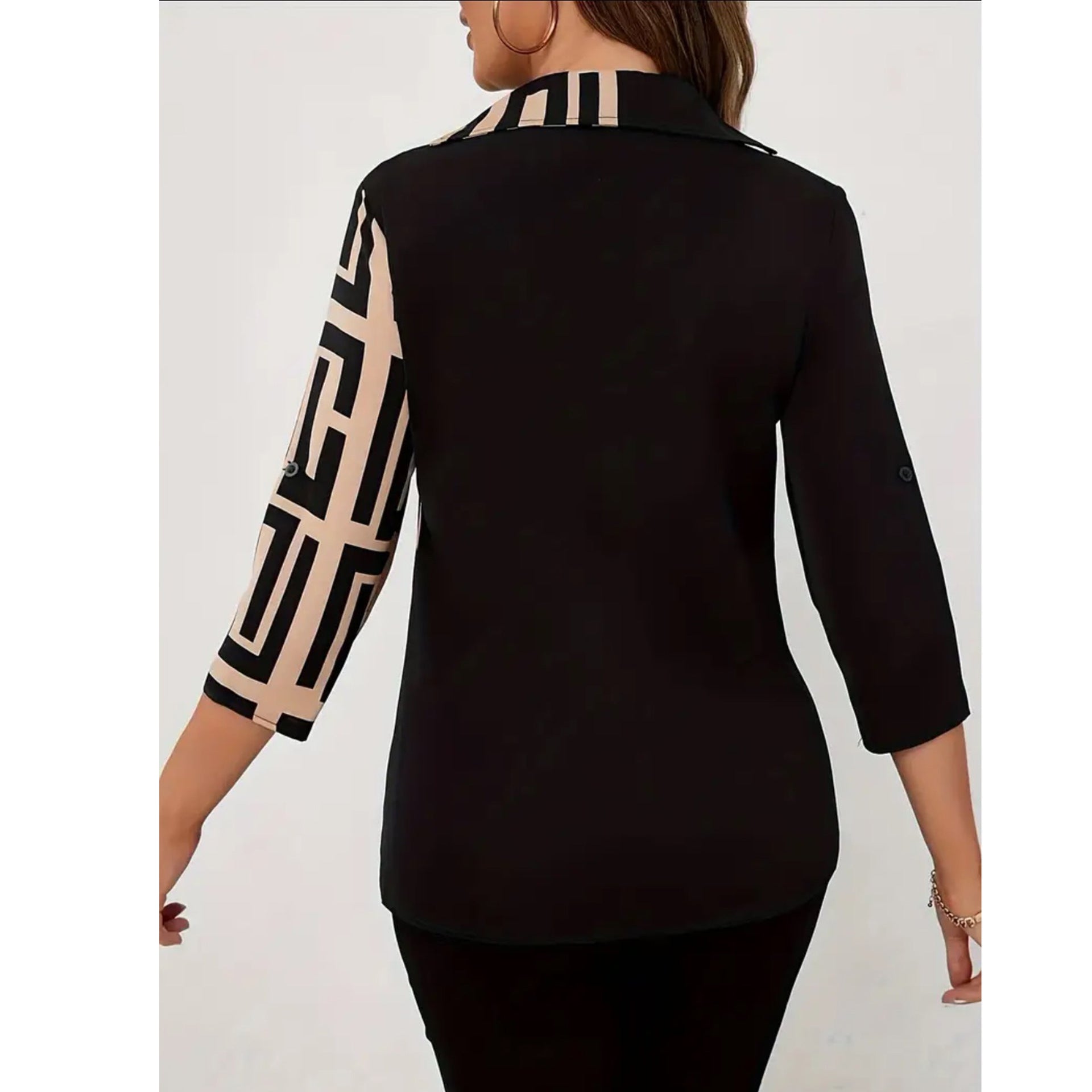 New European And American-style Casual Black V-neck Patchwork Fashion Shirt