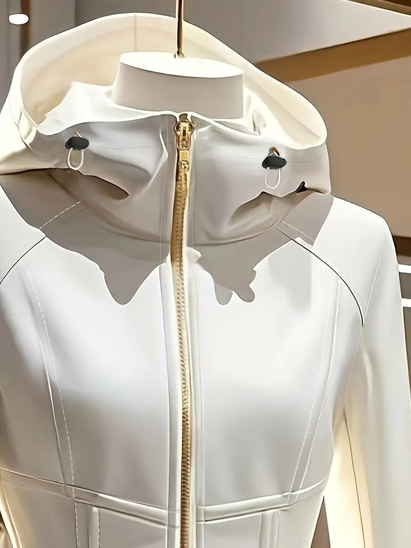 Women's Elegant White Hooded Jacket With Stand Collar