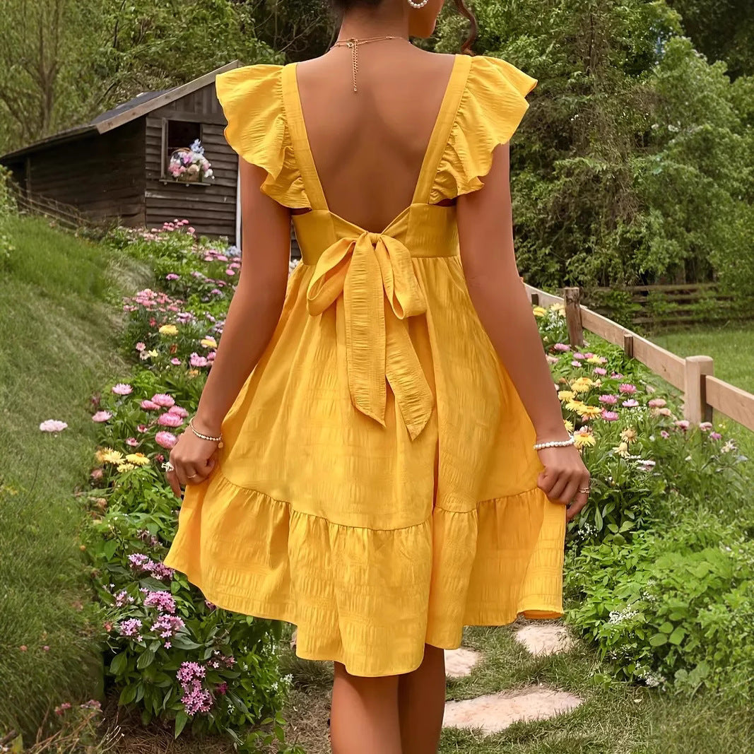 Bohemian Ruffled Backless Dress With A Square Neckline And Shirred Detailing