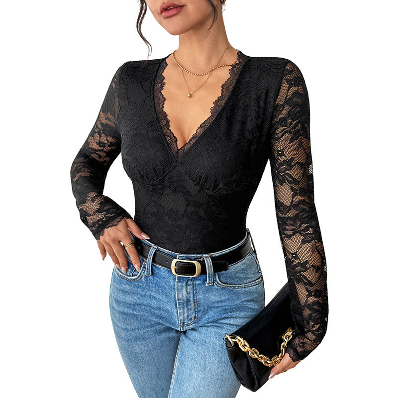 Black Lace Bodysuit With A Hollowed-out Back And V-neck