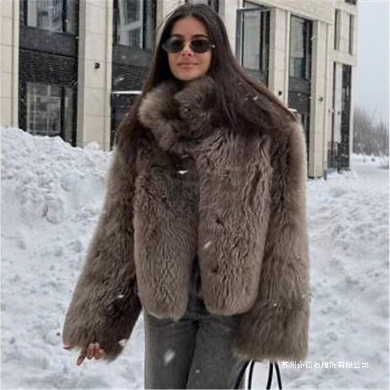 Thickened Warm Faux Fox-fur Fur Coat With A Stand-up Collar