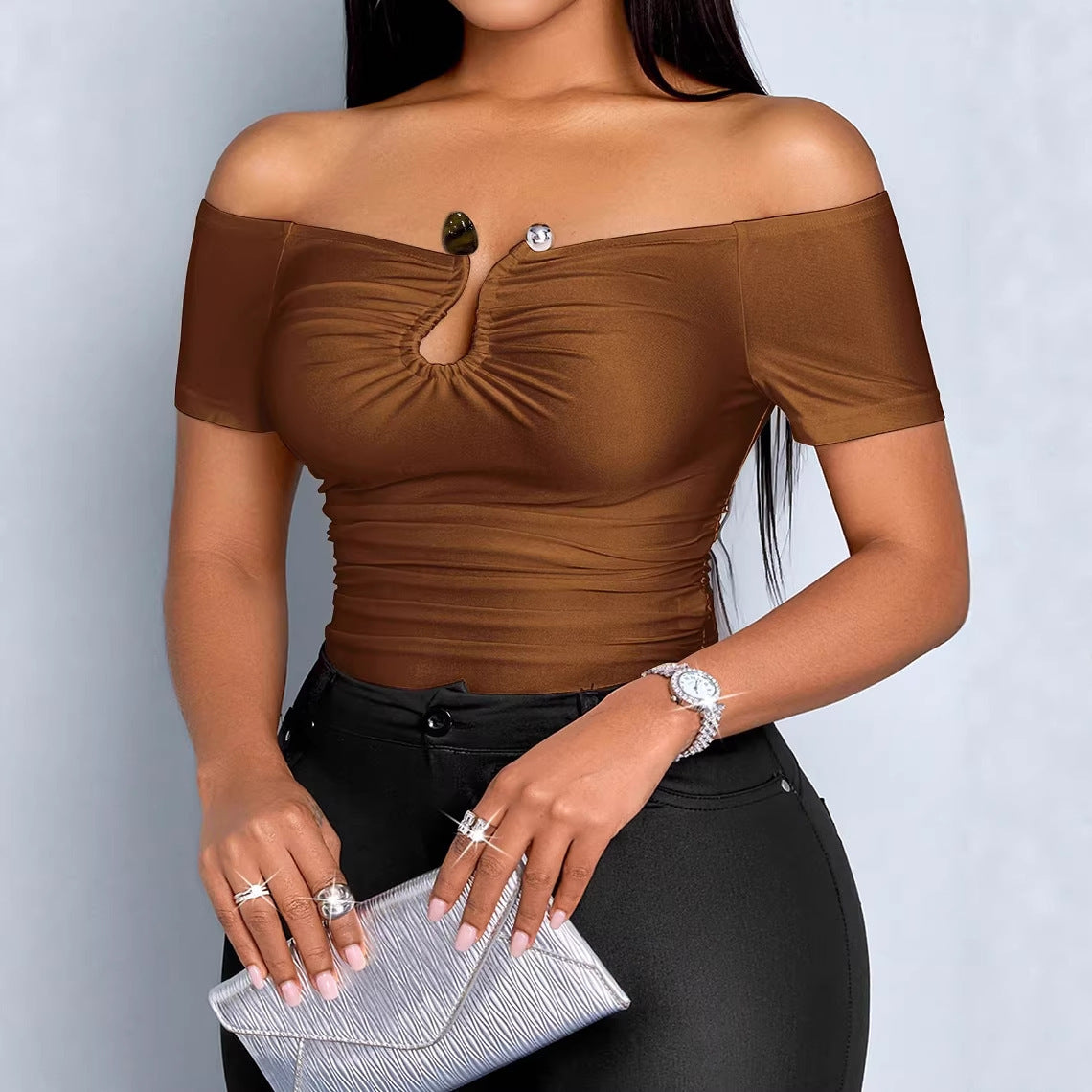 Womens Sexy Form-fitting Off-shoulder Short-sleeve T-shirt