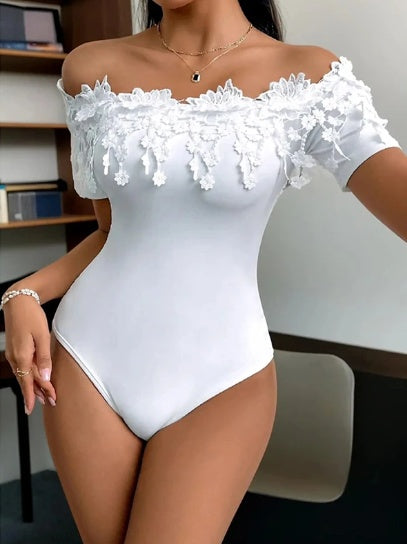 Women's Off Shoulder Short Sleeve Bodysuit Sexy Lace Bodycon Top