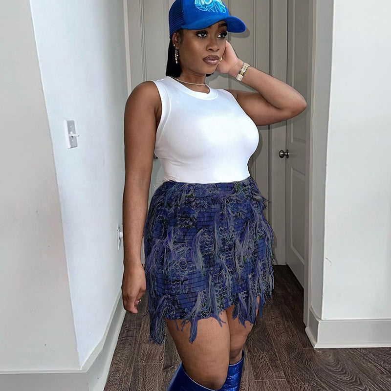 Street Trend Creative Stripes Tassel High Waist Slim Fit Skirt Women