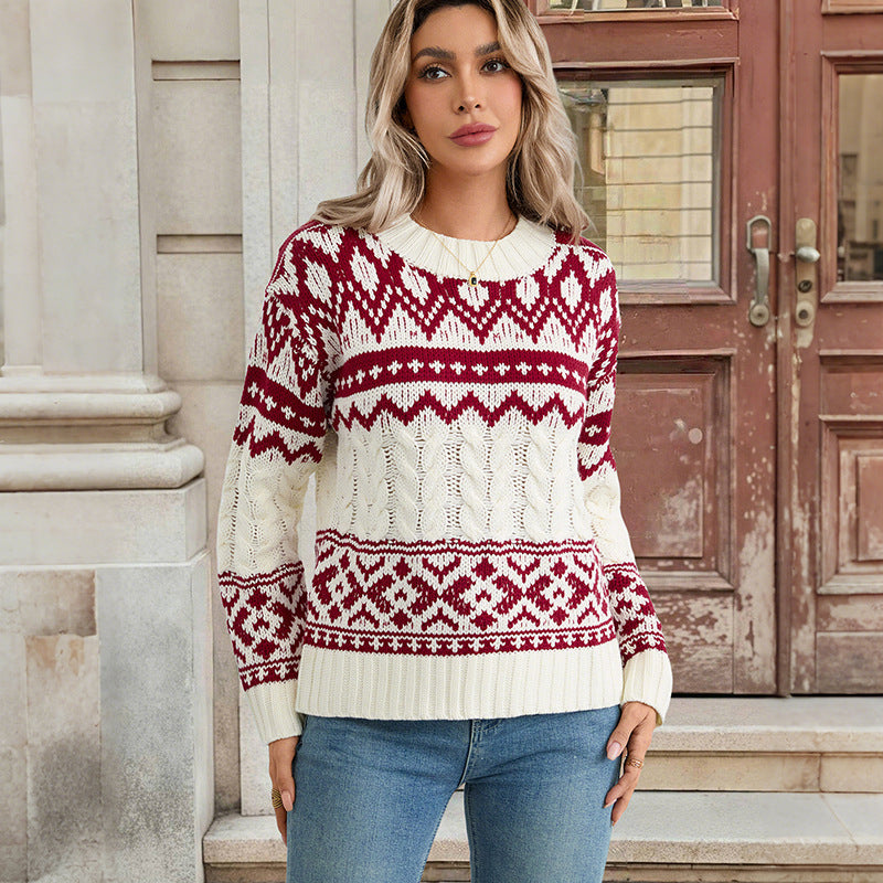 Retro Jacquard Pullover Knitted Sweater Women