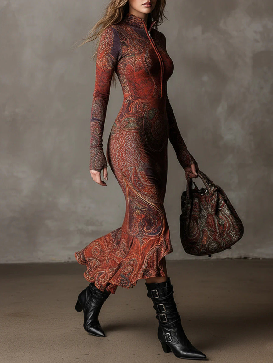 Retro Printed Zipper Long Sleeved Dress