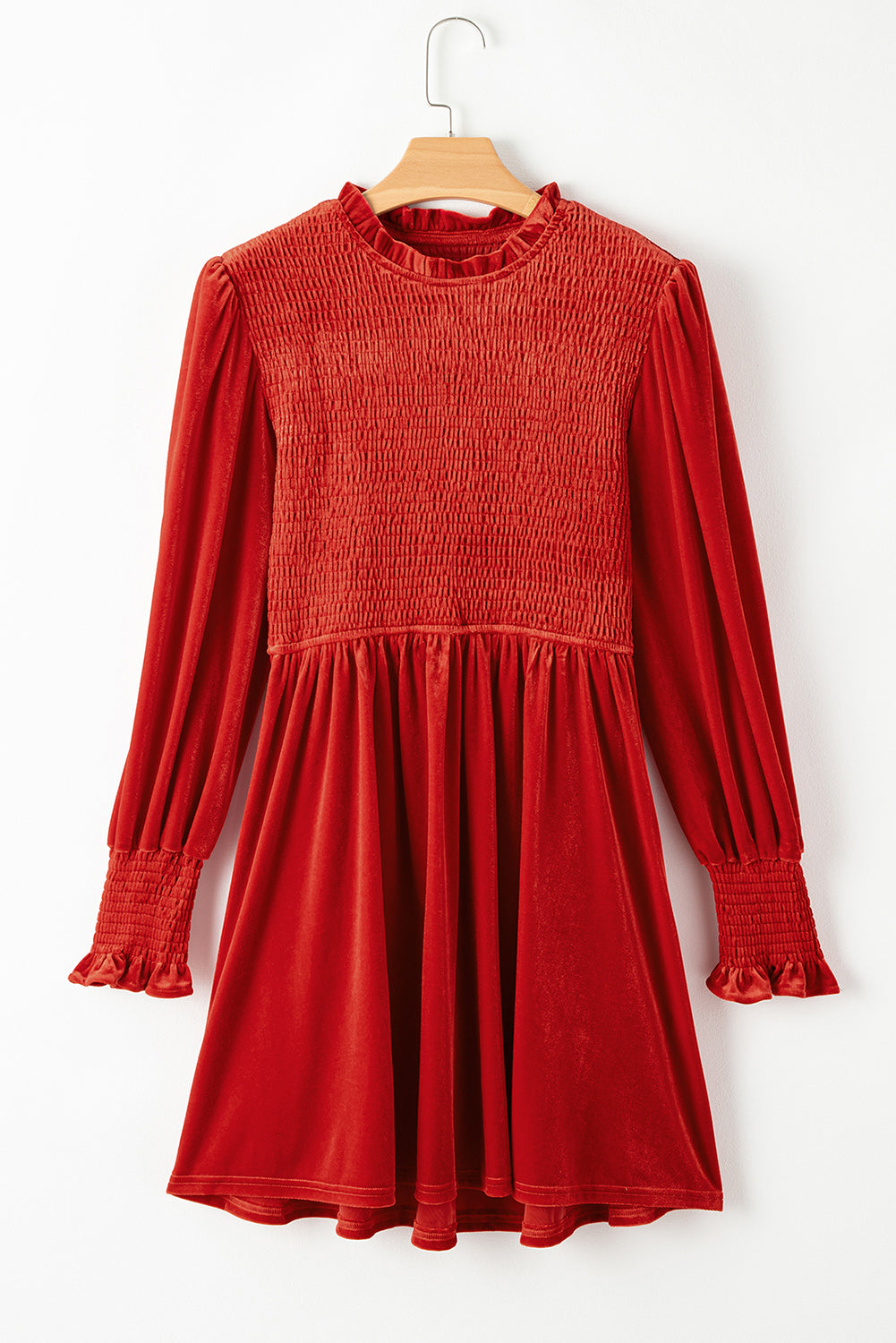 Green Smocked Lantern Sleeve Frilled Velvet Dress