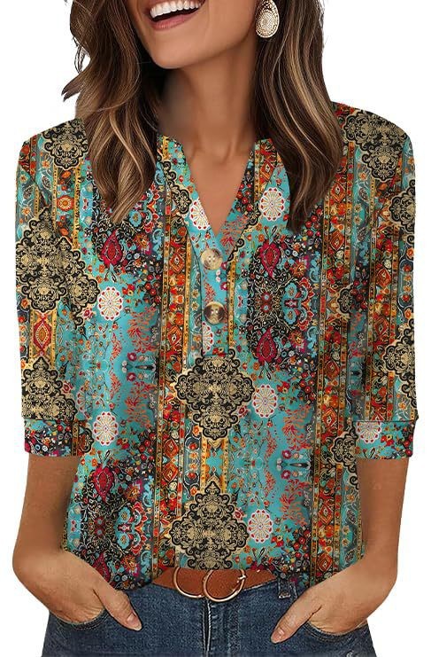 Womens Plus-Size Loose V-Neck Buttoned Three-Quarter Sleeve T-Shirt