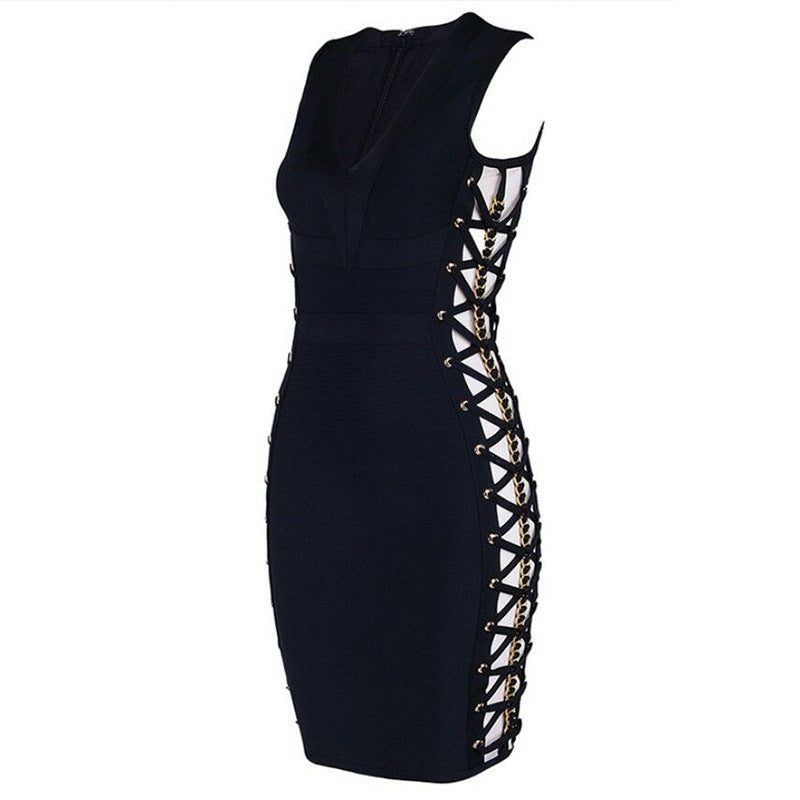 Sexy Bandage Dress With A Metal Chain Design