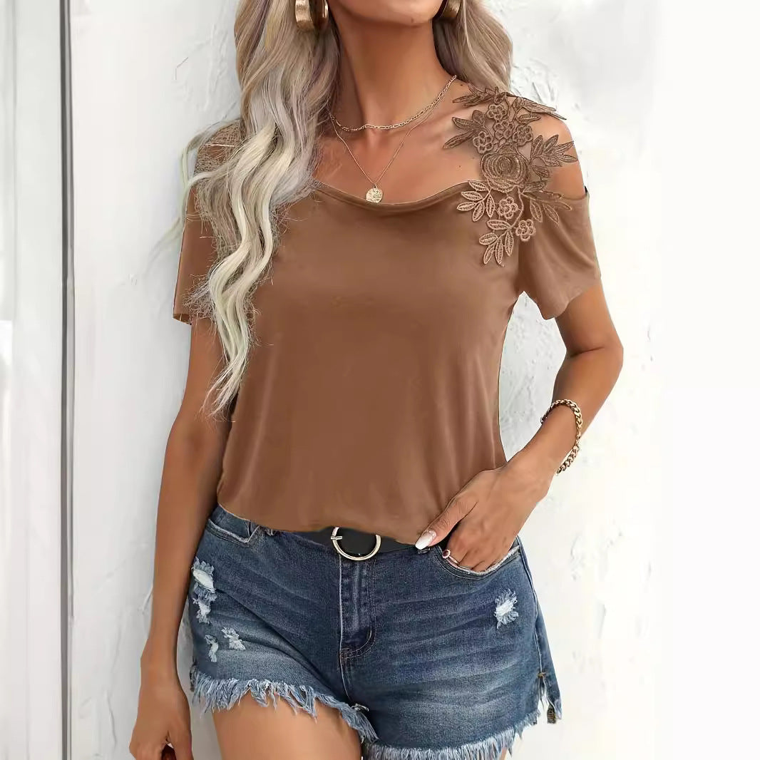 New Solid Color Stitching Fashion Lace T-shirt Women's Top
