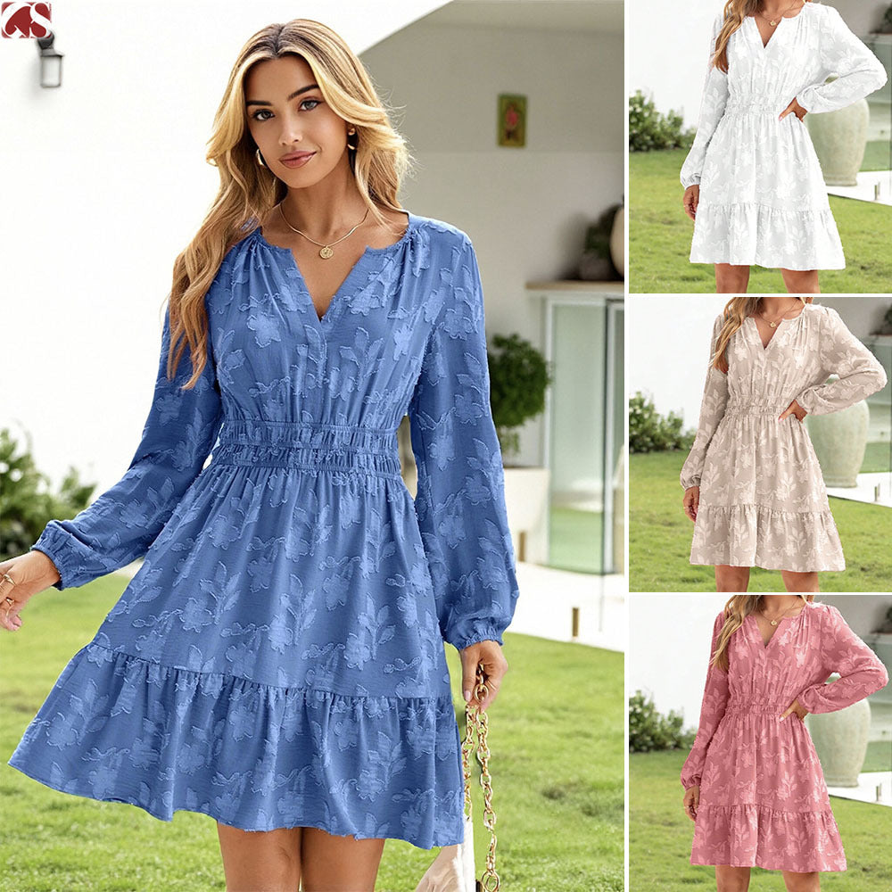 V Neck Elastic Waist Flared Womens Dress With Long Sleeves And Ruffled Hem