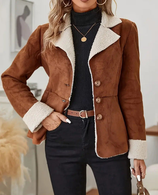 Giacca con tasca con risvolto integrata in pelliccia calda a prova di freddo, moda casual