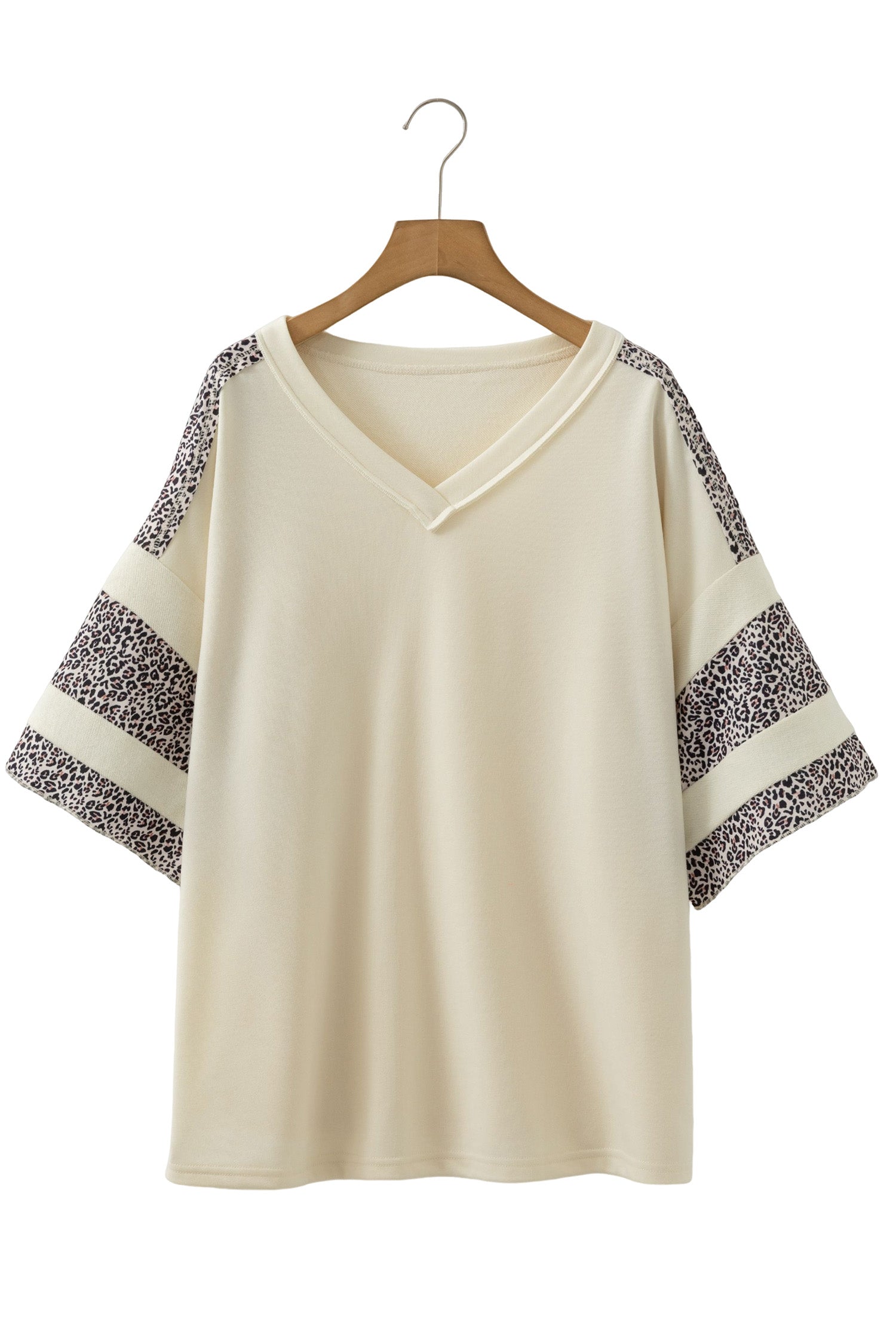 Apricot V Neck Exposed Seam Leopard Color Block Patchwork Half Sleeve Top
