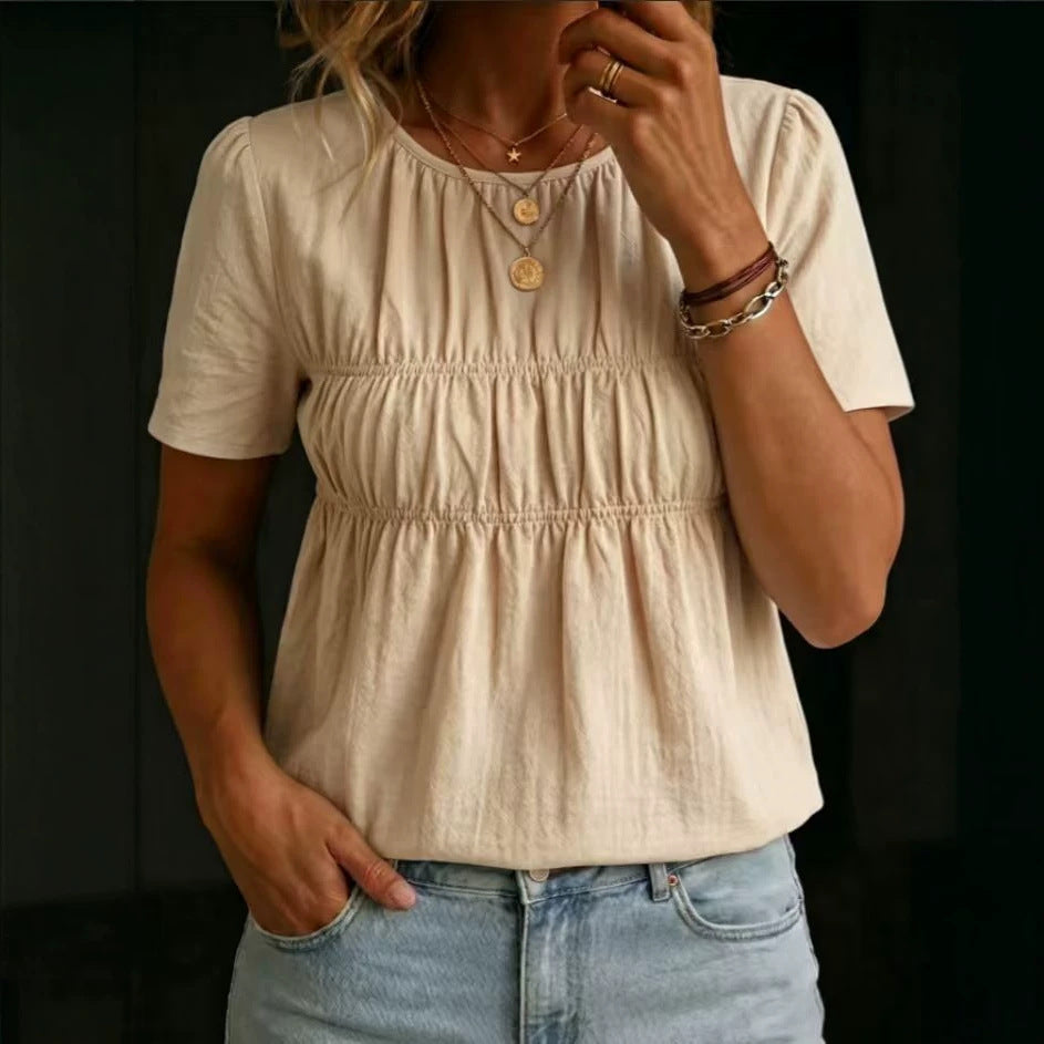Women's Pleated Crew-Neck Short-Sleeve Top T-Shirt