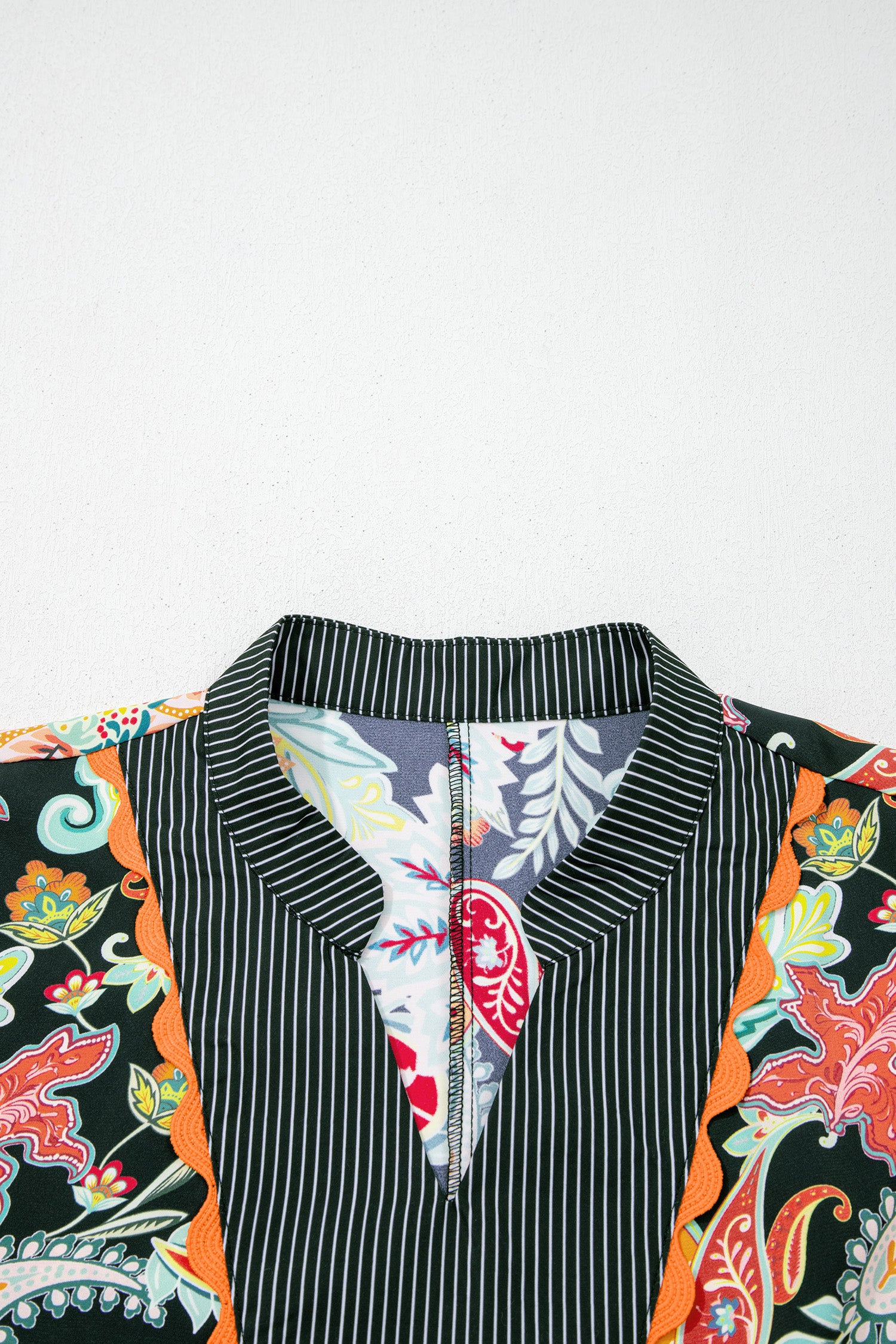 Black Contrast Ricrac Trim Striped Edge Patchwork Floral Print Blouse