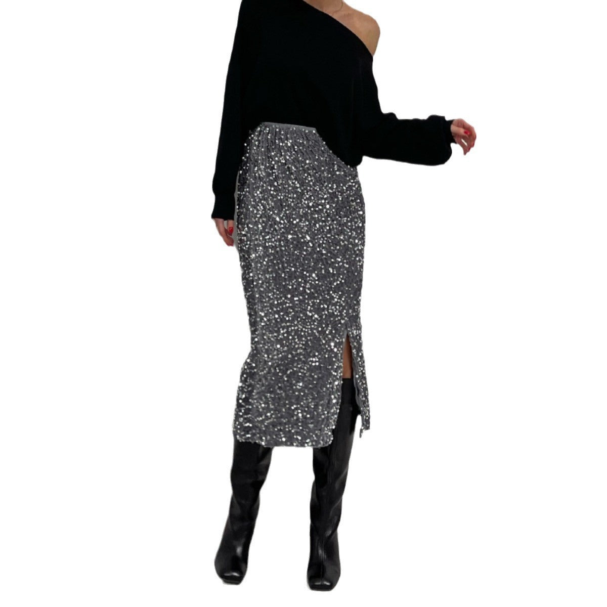 Sequins Skirt Party Sheath High Waist Slit Midi Skirt
