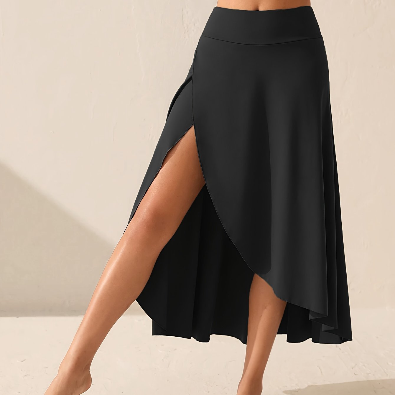 Womens Solid-Color High-Waisted Side-Slit Skirt