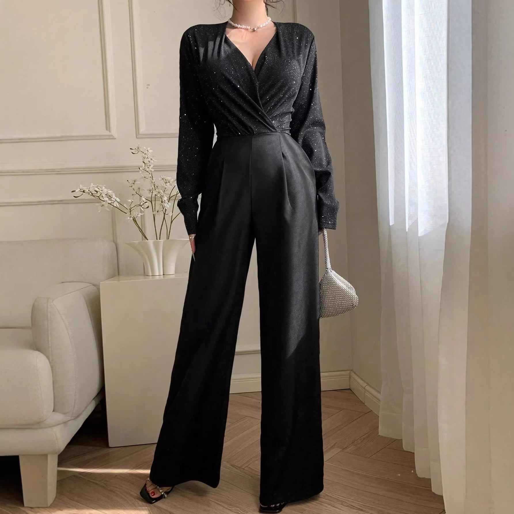 Womens Elegant, Sophisticated Solid-Color Long-Sleeve V-Neck Jumpsuit