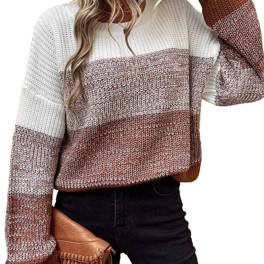 Women's Round-neck Loose Patchwork Color-block Knit Long-sleeve Sweater