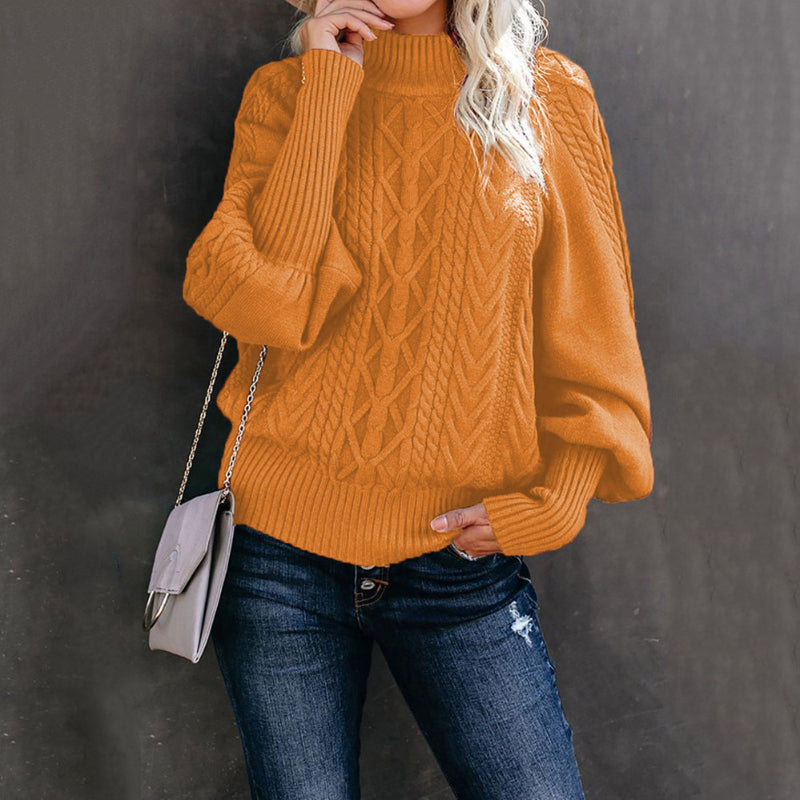 Women's Loose-fitting Long-sleeved Knit Sweater With Mid-neck - Solid Color