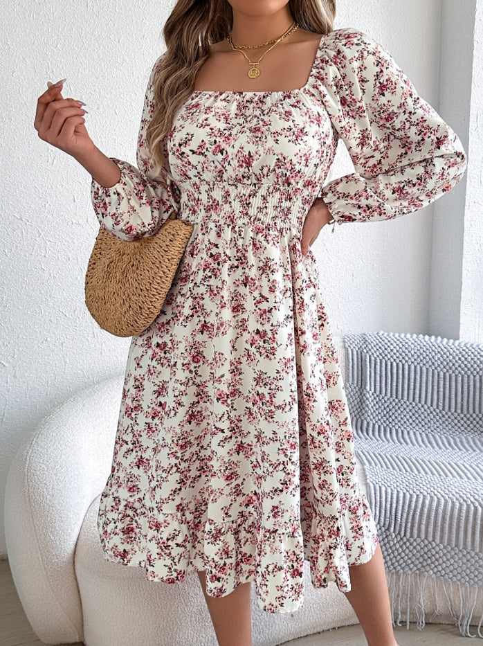 Women's Elegant Floral Square Neck Long Sleeve Waist-Defined Hem Ruffle A-Line Dress