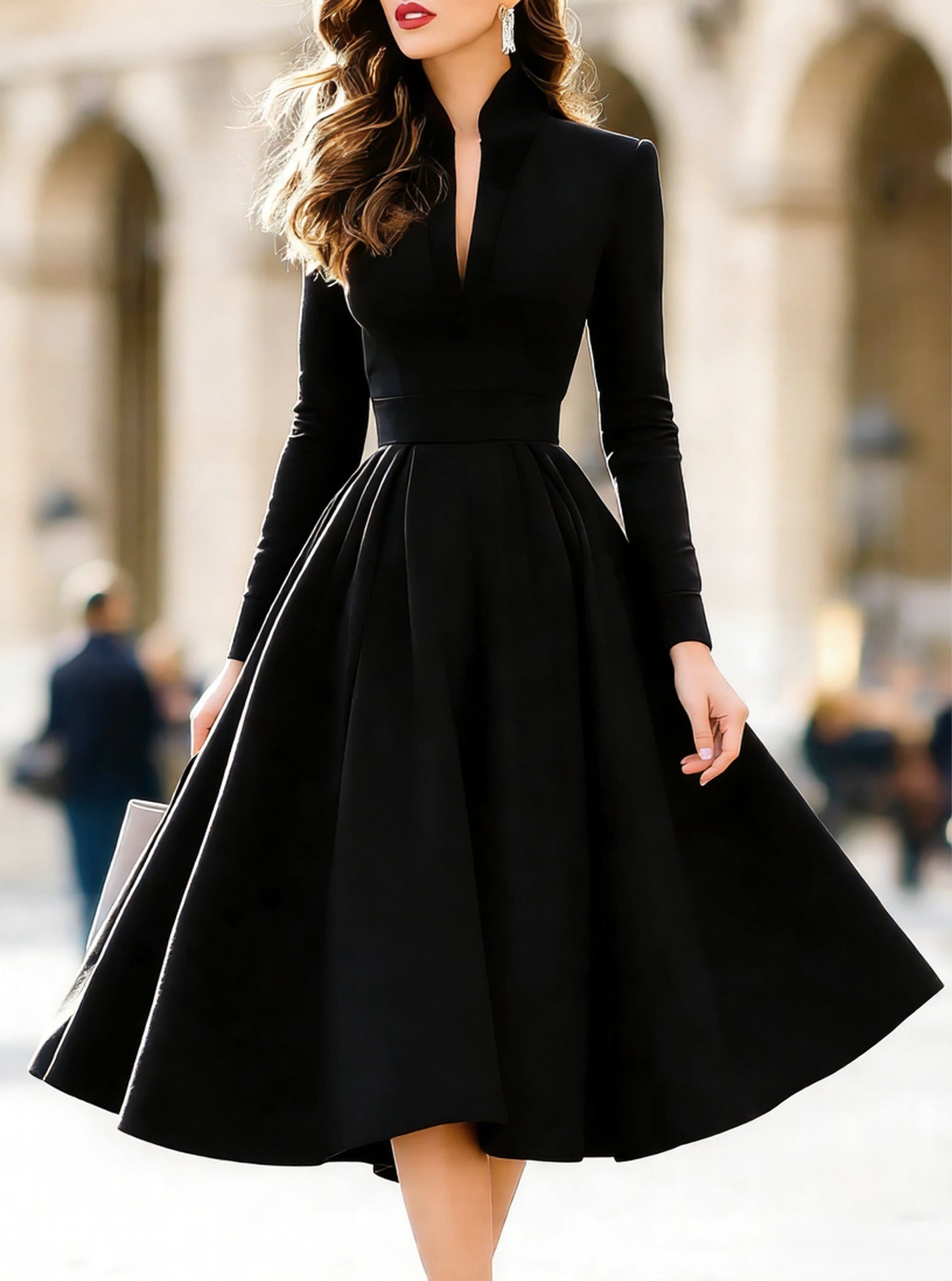 Stylish And Elegant V-neck Satin Long-sleeve Dress With A Tie Waist