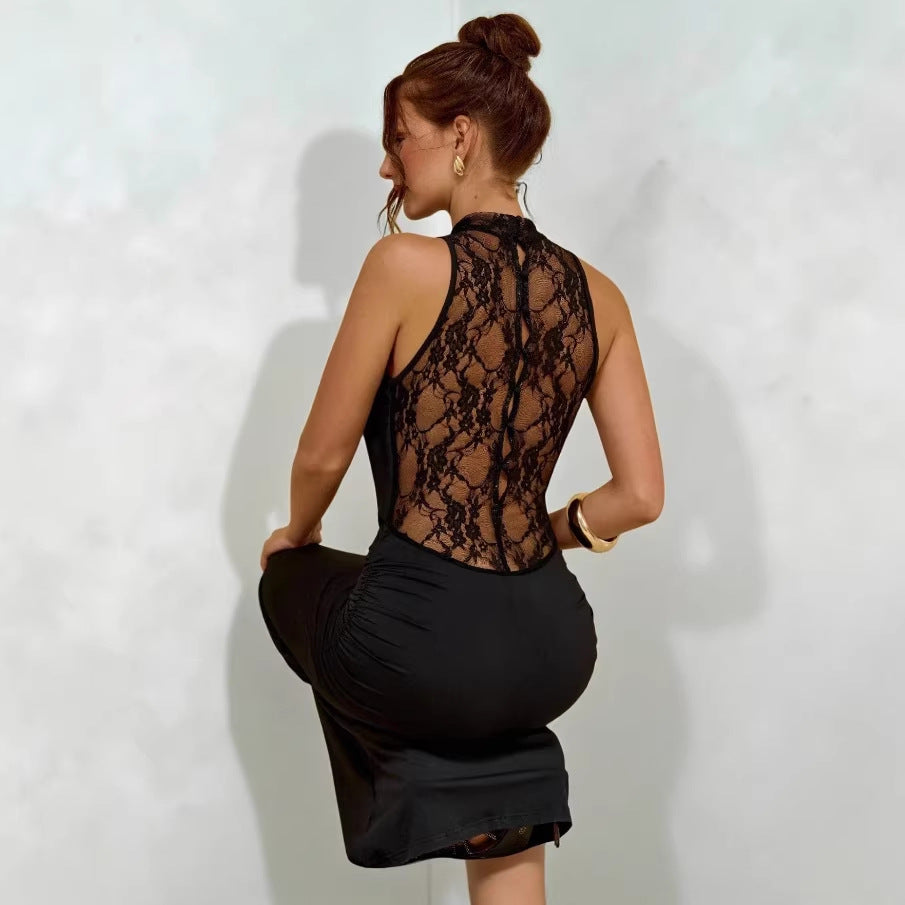 Strapless Deep V-Neck Spliced Lace Draped Bodycon Dress