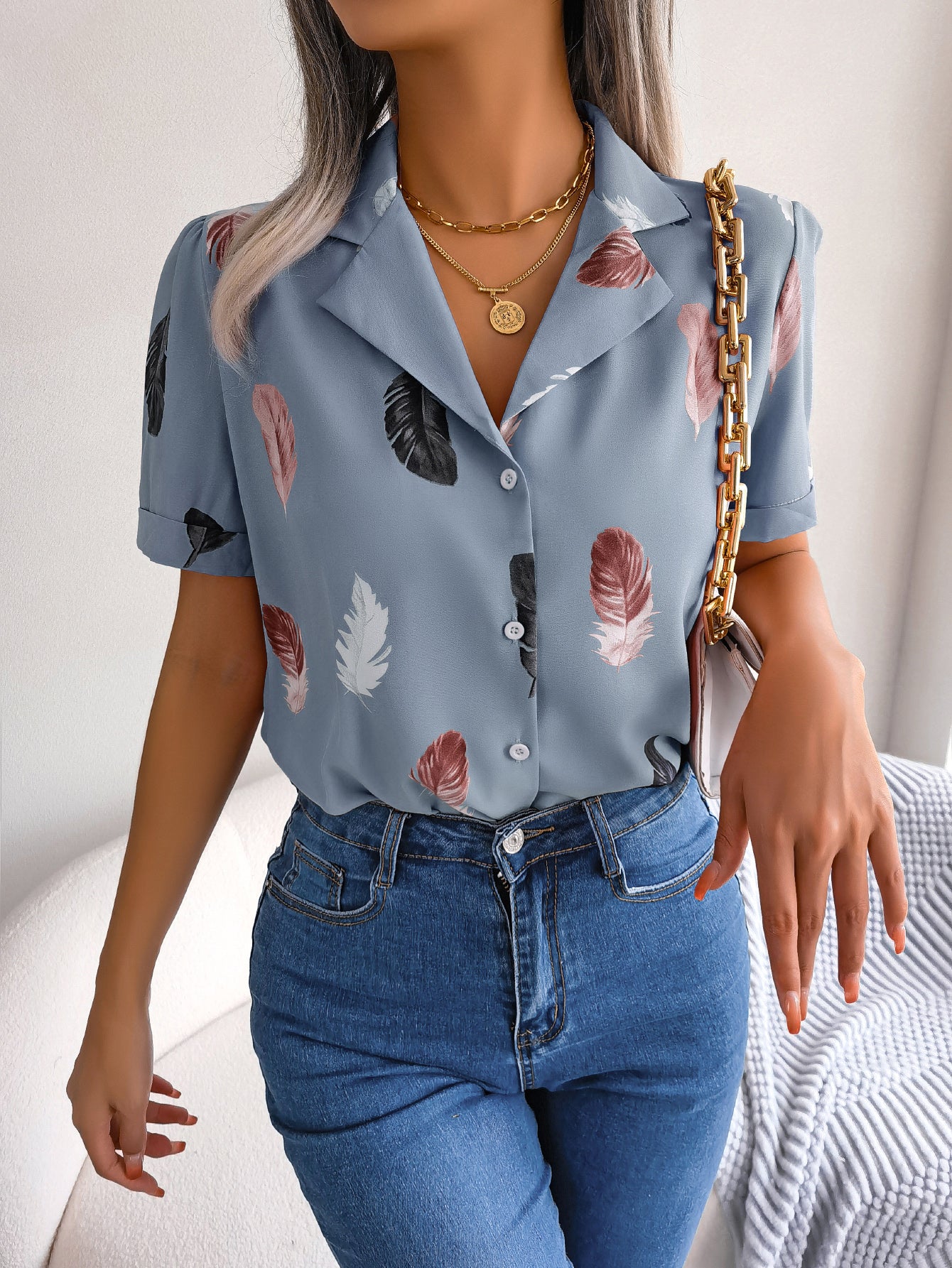 Women Elegant Notched Lapel Feather Loose Short Sleeve Shirt
